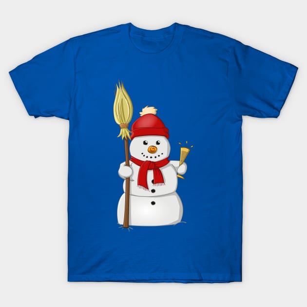 Cartoon style drawing of a funny snowman with red bonnet T-Shirt by Stefs-Red-Shop